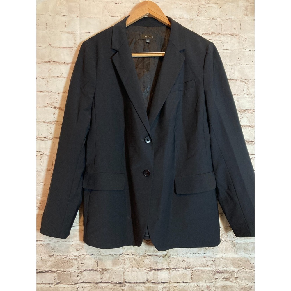 Talbots Wool Blazer Womens 14 Black Two Button Satin Lined Pockets Capsule Plus